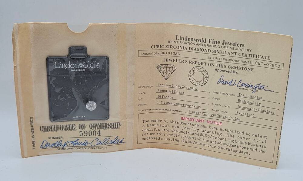 Vintage Lindenwold Fine Jewelers CZ Diamond Simulant Certificate